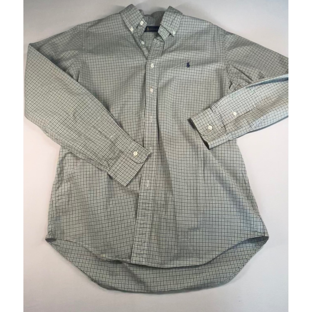 Ralph Lauren Mens Medium Green Navy Tattersall Check Button Down Shirt LS